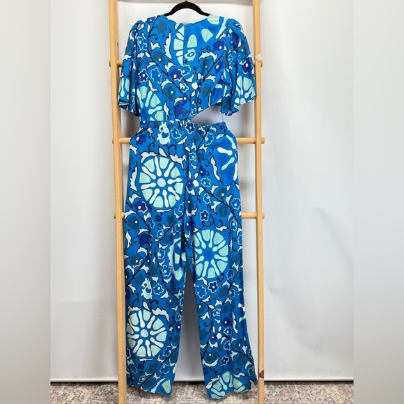 RHODE Blue Floral Linen blend wide leg  flutter sleeve Jumpsuit size S - Picture 7 of 13